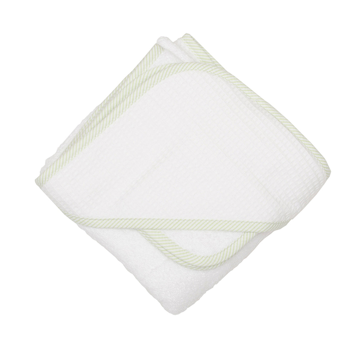 White towel and wash cloth trimmed in green sucker on a white background.