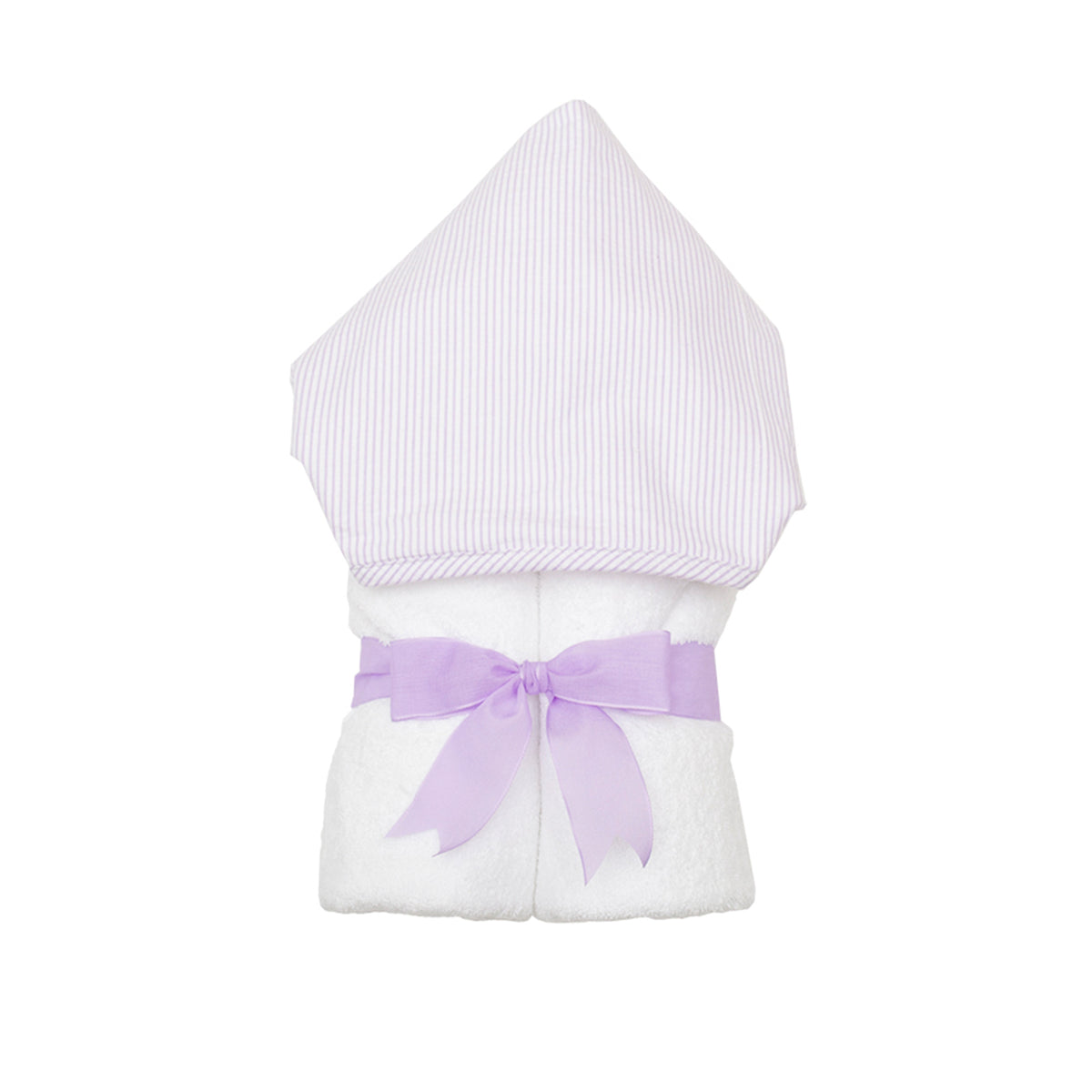 A lilac seersucker hooded towel with a terry lined hood, displayed neatly rolled and tied with a purple grosgrain ribbon.