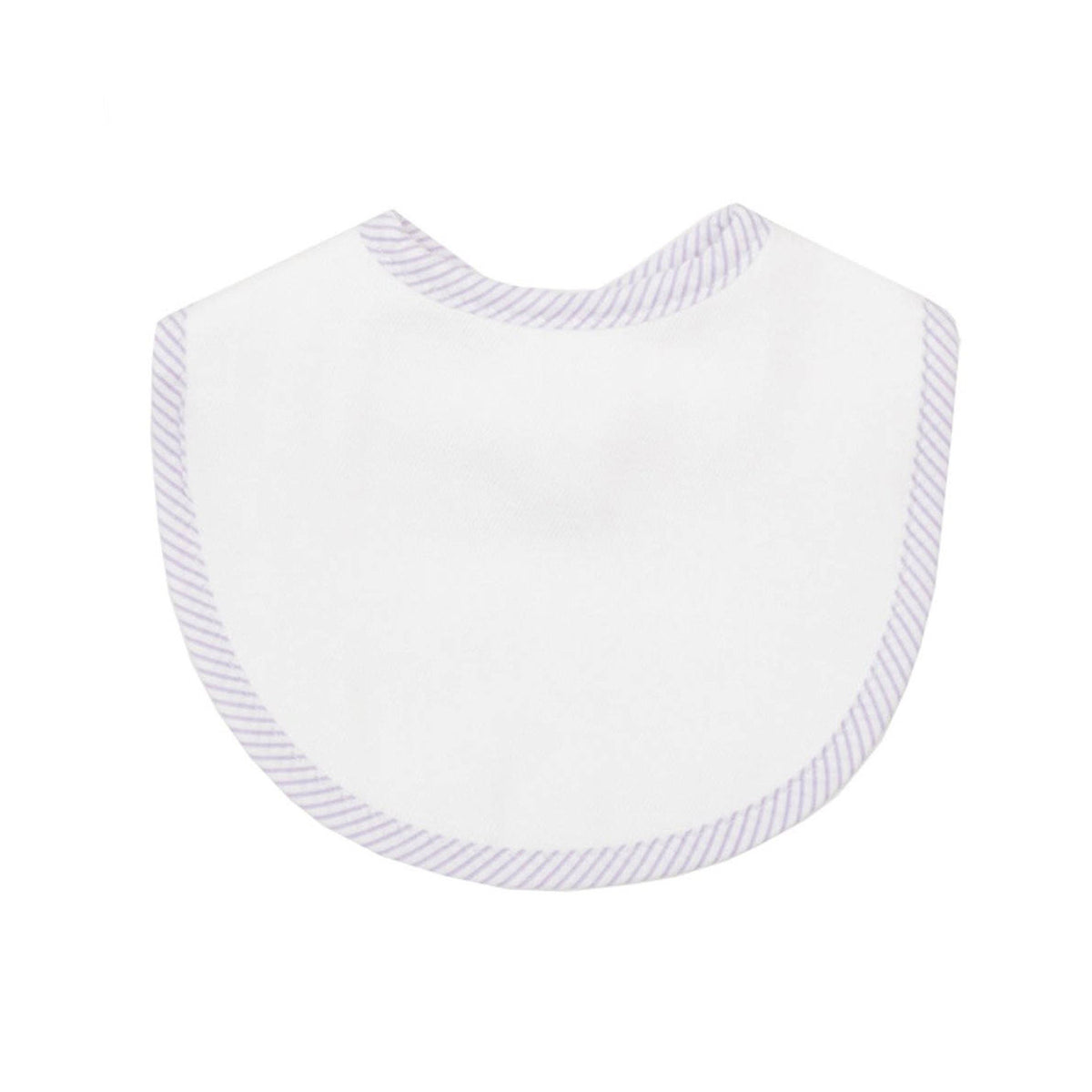 White bib with lilac seersucker trim on a white background.