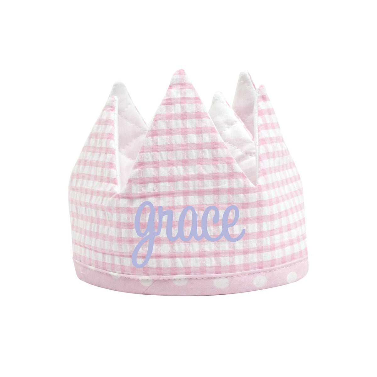 Pink birthday crown with the name grace embroidery on a white background.