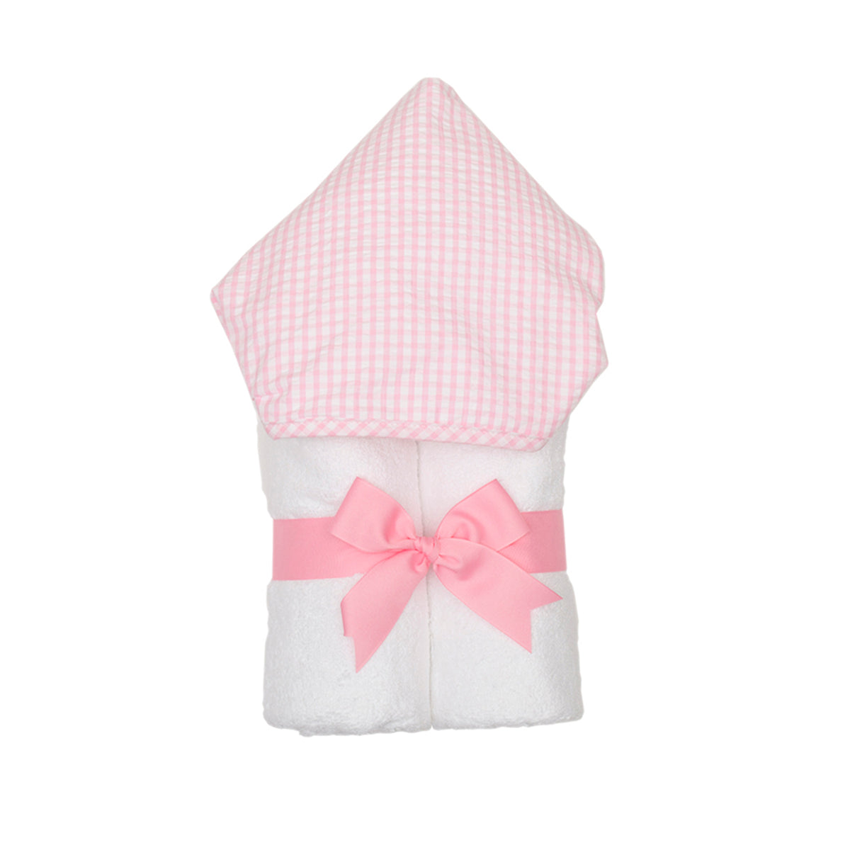 A pink check hooded towel with a terry lined hood, presented rolled and tied with a pink grosgrain ribbon.