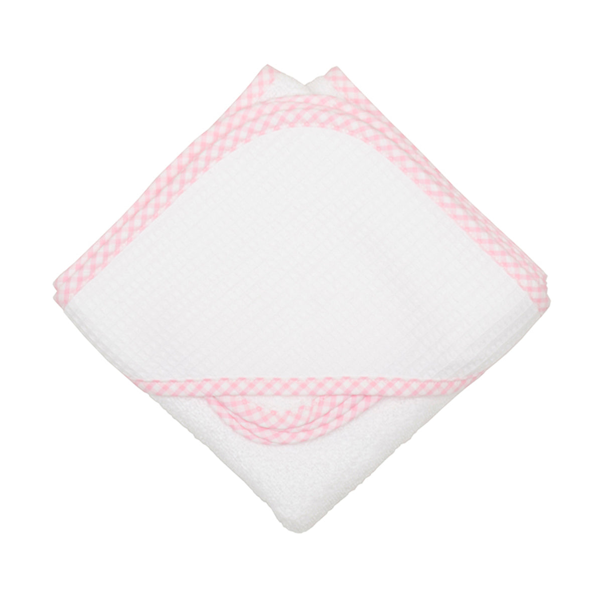 A pink check hooded towel and wash cloth laid out on a white background.