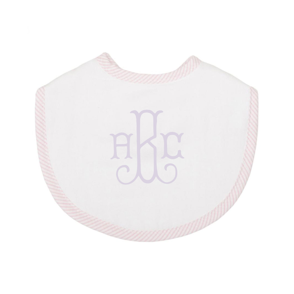 A white and pink seersucker baby bib with a monogrammed initial in the center.
