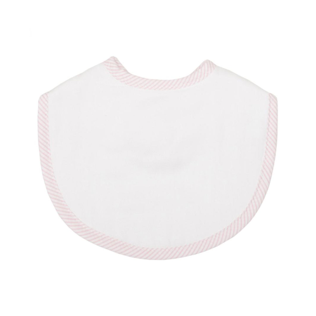 White bib with pink seersucker trim on a white background.