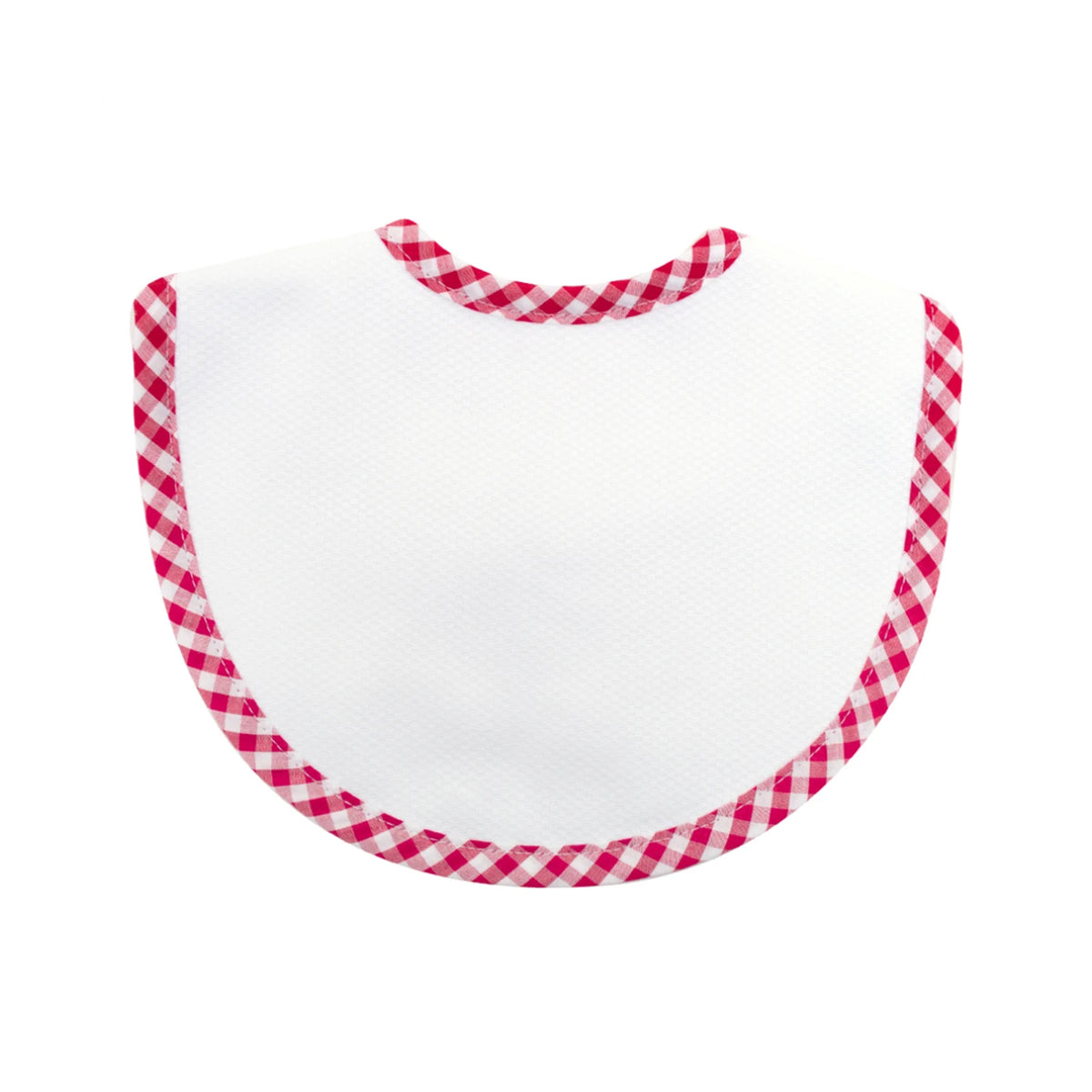 White bib with red gingham trim on a white background.