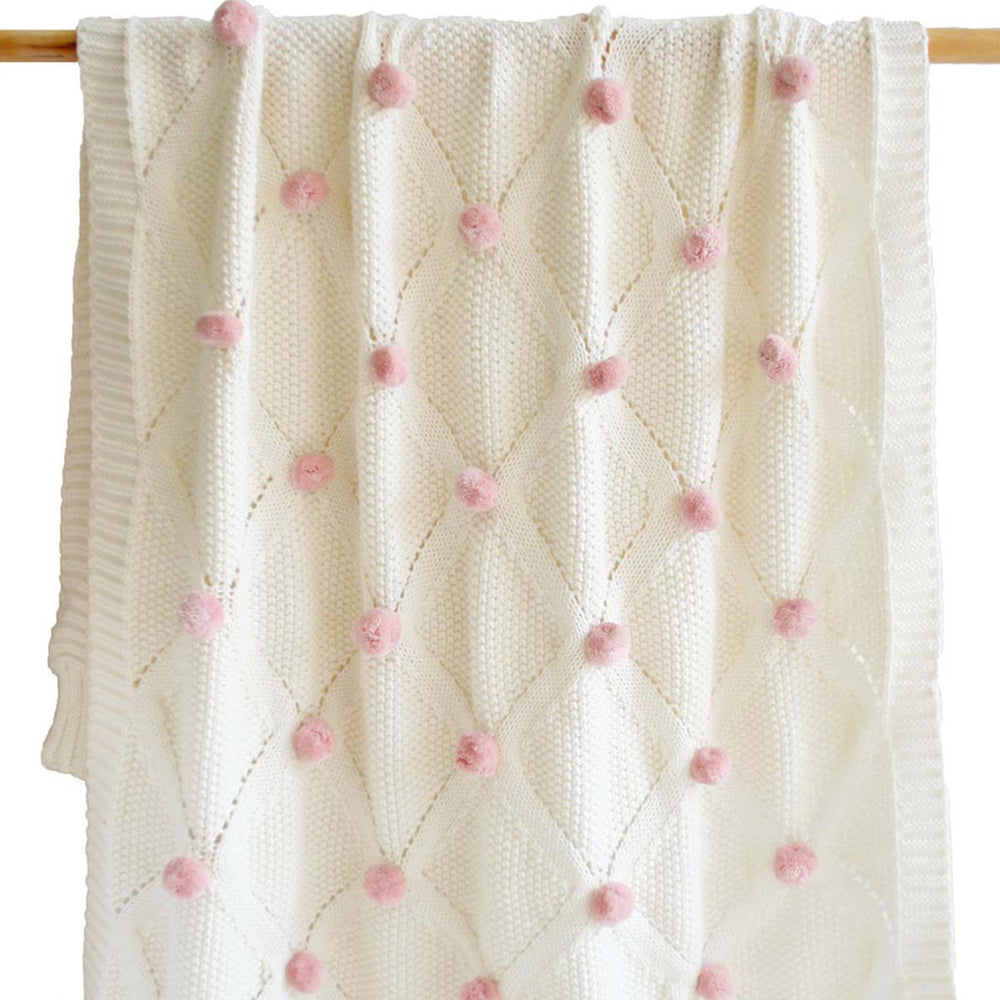 Pink Pom Poms Ivory Knit Blanket