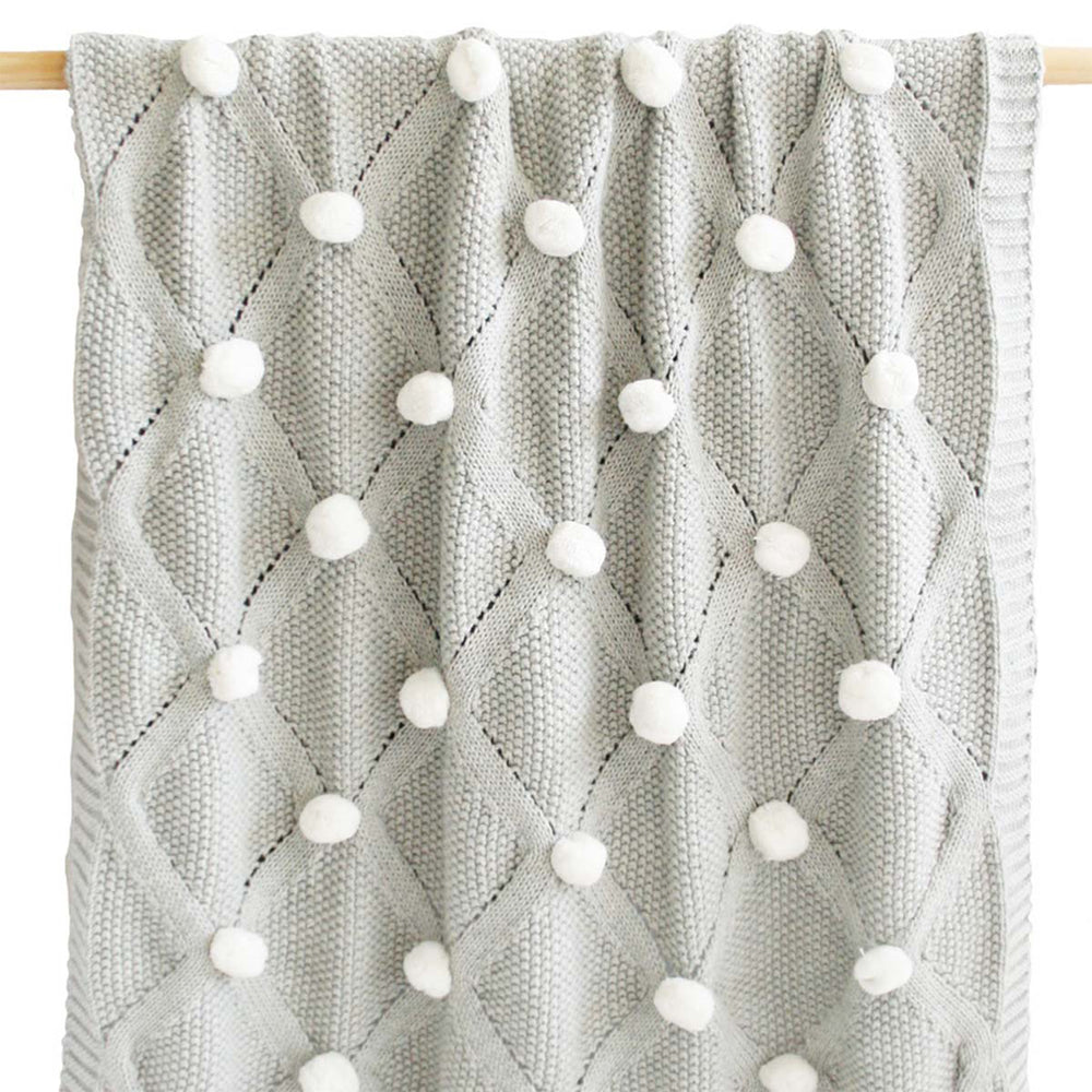 Ivory Pom Poms Grey Knit Blanket
