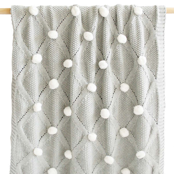 Ivory Pom Poms Grey Knit Blanket