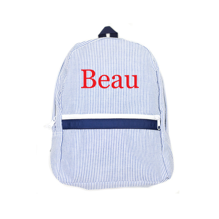 Personalized Navy Seersucker Backpack