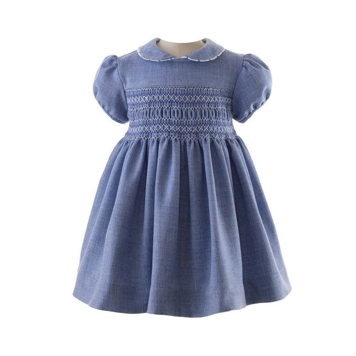 Blue Scalloped Trim Smocked Dress