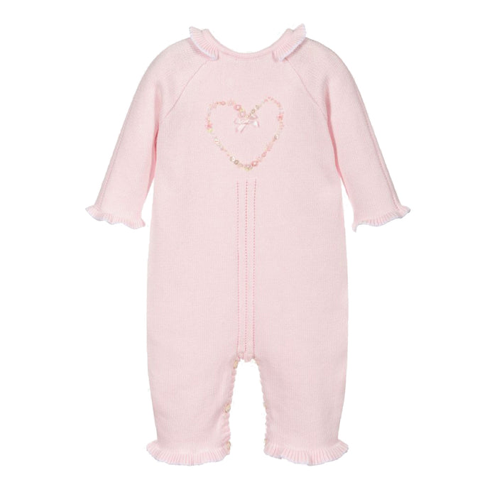 Pink Heart Embroidered Knit Romper