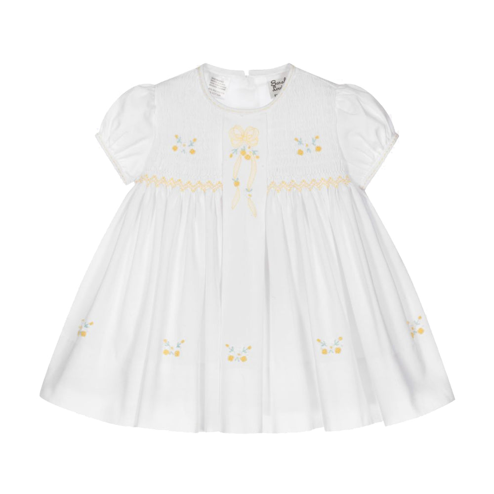 Smocked and Yellow Embroidered White Dress