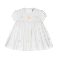 Smocked and Yellow Embroidered White Dress