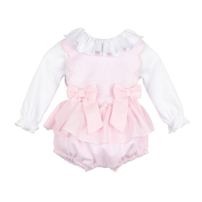 Pink Candyland Bow Scallop Overall Set